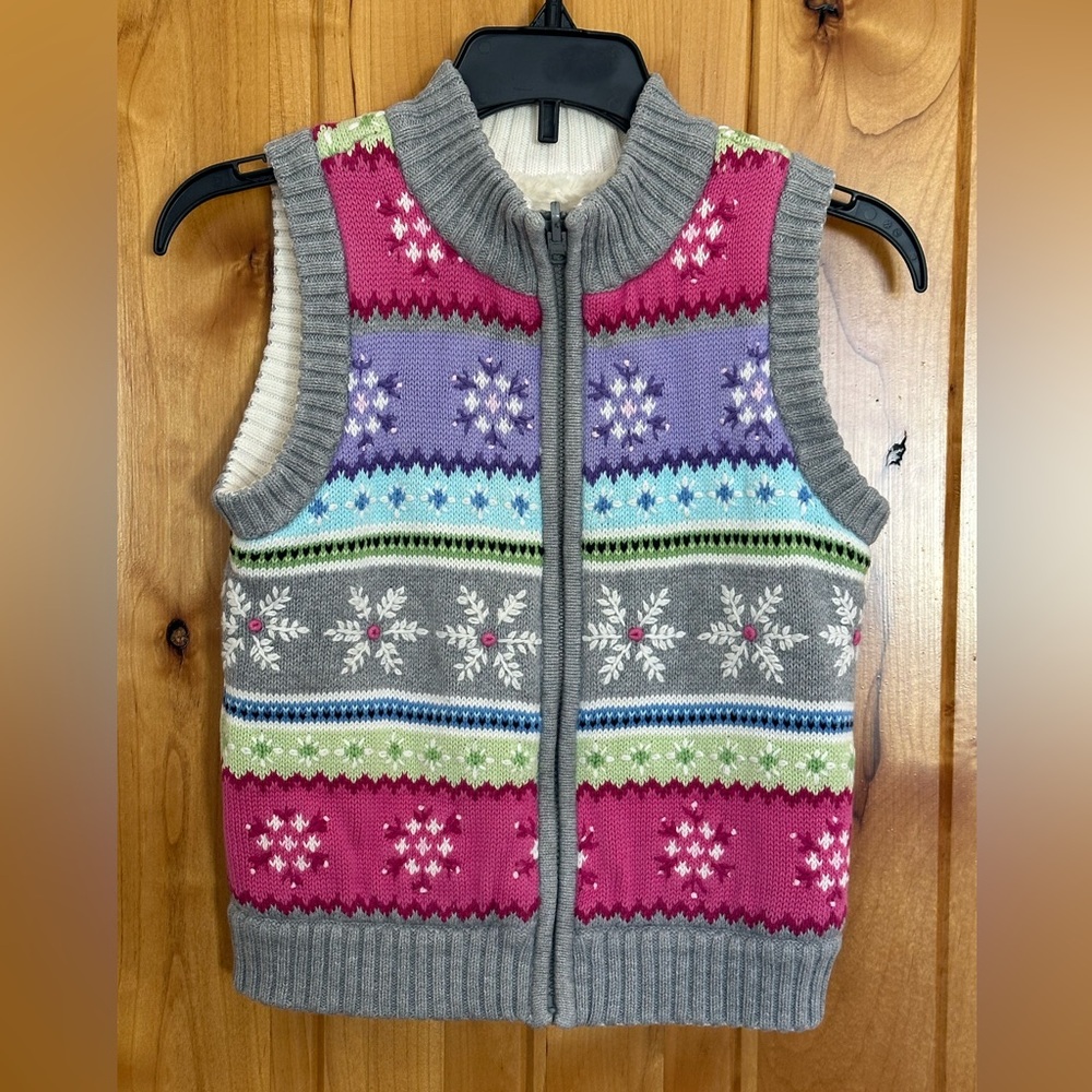 Talbots Kids super soft fleece lined knit vest with colorful snowflake pattern